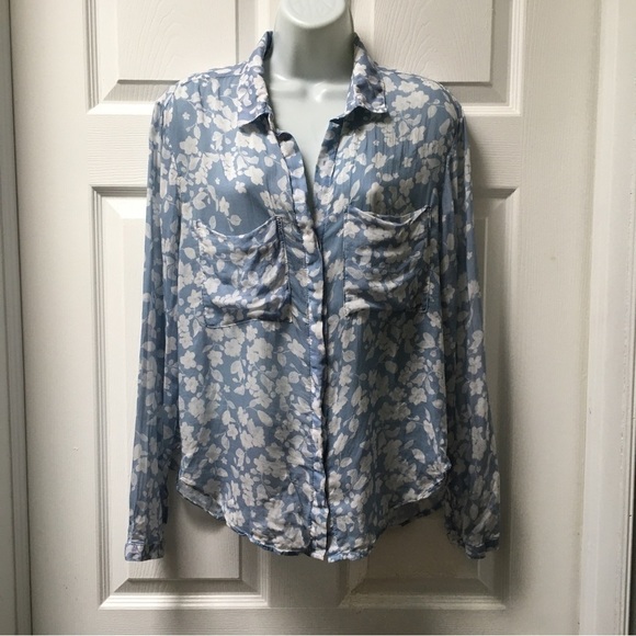 BELLA Dahl Blue White Floral Button Up Hipster Blouse - Picture 2 of 7